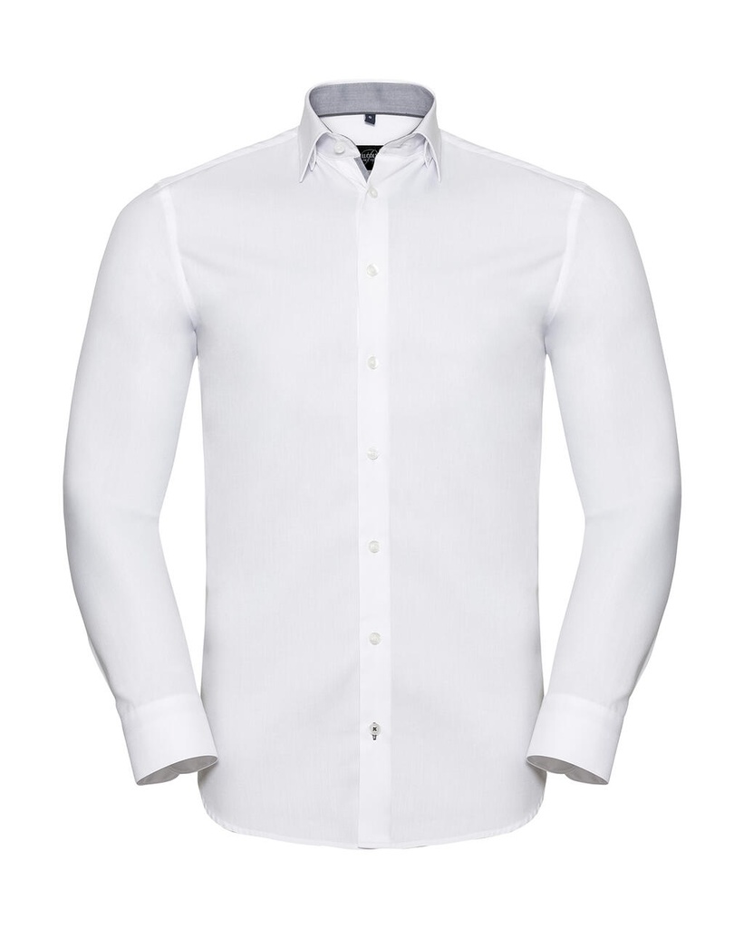 Tailored Contrast Herringbone Shirt LS White/Silver/Convoy Grey